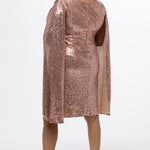 Sydney's Closet CE2609 in rose gold.

Plus size sequin rose gold metallic short party dress. V-neckline, bra-friendly straps with attached cape sleeve detail, princess silhouette, slim A-line skirt. at knee-length.