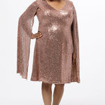 Sydney's Closet CE2609 in rose gold.

Plus size sequin rose gold metallic short party dress. V-neckline, bra-friendly straps with attached cape sleeve detail, princess silhouette, slim A-line skirt. at knee-length.