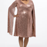 Sydney's Closet CE2609 in rose gold.

Plus size sequin rose gold metallic short party dress. V-neckline, bra-friendly straps with attached cape sleeve detail, princess silhouette, slim A-line skirt. at knee-length.