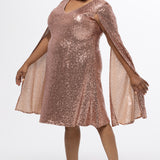 Sydney's Closet CE2609 in rose gold.

Plus size sequin rose gold metallic short party dress. V-neckline, bra-friendly straps with attached cape sleeve detail, princess silhouette, slim A-line skirt. at knee-length.