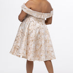Celebrations by Sydney's Closet CE2610 in Gold Floral. 

Plus size knee-length party dress in metallic gold floral brocde print. Off-the-shoulder neckline, natural waistline and A-line skirt with pockets. 