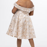 Celebrations by Sydney's Closet CE2610 in Gold Floral. 

Plus size knee-length party dress in metallic gold floral brocde print. Off-the-shoulder neckline, natural waistline and A-line skirt with pockets. 
