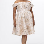 Celebrations by Sydney's Closet CE2610 in Gold Floral. 

Plus size knee-length party dress in metallic gold floral brocde print. Off-the-shoulder neckline, natural waistline and A-line skirt with pockets. 