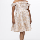 Celebrations by Sydney's Closet CE2610 in Gold Floral. 

Plus size knee-length party dress in metallic gold floral brocde print. Off-the-shoulder neckline, natural waistline and A-line skirt with pockets. 