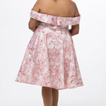 Celebrations by Sydney's Closet CE2610 in Light Pink Floral. 

Plus size knee-length party dress in metallic light pink floral brocde print. Off-the-shoulder neckline, natural waistline and A-line skirt with pockets. 