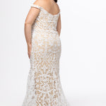Plus-size woman wearing an off-the-shoulder nude and ivory sequin embroidered formal gown with sweetheart neckline, off-the-shoulder straps and fitted silhouette. CE2611 available from Sydney's Closet