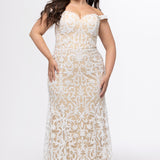 Plus-size woman wearing an off-the-shoulder nude and ivory sequin embroidered formal gown with sweetheart neckline, off-the-shoulder straps and fitted silhouette. CE2611 available from Sydney's Closet