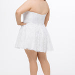 Celebrations by Sydney's Closet Style CE2612 in white. 

Plus size strapless white short mini party dress with sweetheart neckline, exposed corset boning on bustier bodice and mini skirt in all over stretch lace. 