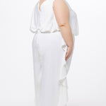 Celebration's by Sydney's Closet style CE2615 in Ivory. 

Crepe satin jumpsuit with a V-neck, bra-friendly straps, wide leg pants and blouson bodice. Ruffle detail on outer seams of pants. V-back with long center back zipper. 