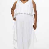 Celebration's by Sydney's Closet style CE2615 in Ivory. 

Crepe satin jumpsuit with a V-neck, bra-friendly straps, wide leg pants and blouson bodice. Ruffle detail on outer seams of pants. V-back with long center back zipper. 