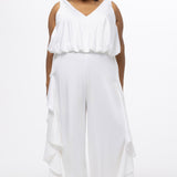 Celebration's by Sydney's Closet style CE2615 in Ivory. 

Crepe satin jumpsuit with a V-neck, bra-friendly straps, wide leg pants and blouson bodice. Ruffle detail on outer seams of pants. V-back with long center back zipper. 
