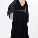 elebration's by Sydney's Closet style CE2617 in black. 

A-line plus size chiffon gown with V-neck, long cape sleeves and beaded 3 inch waistband. No slit, center back zipper and high scoop back.
