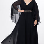 elebration's by Sydney's Closet style CE2617 in black. 

A-line plus size chiffon gown with V-neck, long cape sleeves and beaded 3 inch waistband. No slit, center back zipper and high scoop back.