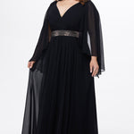 Celebration's by Sydney's Closet style CE2617 in black. 

A-line plus size chiffon gown with V-neck, long cape sleeves and beaded 3 inch waistband. No slit, center back zipper and high scoop back. 
