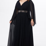 Celebration's by Sydney's Closet style CE2617 in black. 

A-line plus size chiffon gown with V-neck, long cape sleeves and beaded 3 inch waistband. No slit, center back zipper and high scoop back. 