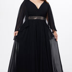 elebration's by Sydney's Closet style CE2617 in black. 

A-line plus size chiffon gown with V-neck, long cape sleeves and beaded 3 inch waistband. No slit, center back zipper and high scoop back.