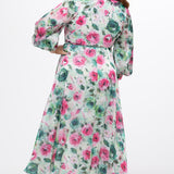 Celebration's by Sydney's Closet style CE2621 in floral. 

Button down plus size ankle length floral gown made from printed organza. V-neck, long pouf sleeves with cuff and optional belt. A-line skirt with pockets. 