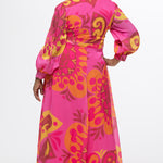 Celebration's by Sydney's Closet style CE2622 in abstract print. 

Button down plus size ankle length gown made from printed organza. V-neck, long pouf sleeves with cuff and optional belt. A-line skirt with pockets.
