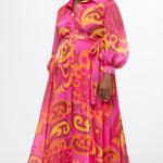 Celebration's by Sydney's Closet style CE2622 in abstract print. 

Button down plus size ankle length gown made from printed organza. V-neck, long pouf sleeves with cuff and optional belt. A-line skirt with pockets.