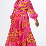 Celebration's by Sydney's Closet style CE2622 in abstract print. 

Button down plus size ankle length gown made from printed organza. V-neck, long pouf sleeves with cuff and optional belt. A-line skirt with pockets.