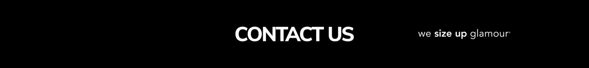 Banner text reading "Contact Us" with Sydney's Closet tagline, "we size up glamour" on black background.