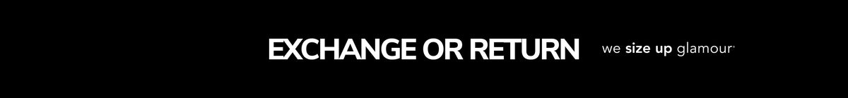 Banner text reading "Exchange or Return" with Sydney's Closet tagline, "we size up glamour" on black background.