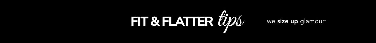 Banner text reading "Fit & Flatter Tips" with Sydney's Closet tagline, "we size up glamour" on black background.