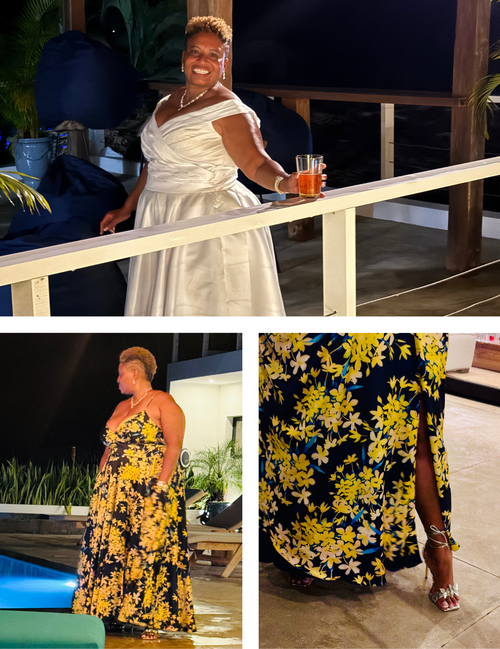 Woman in a white dress holding a drink, followed by images of her in a yellow floral dress.