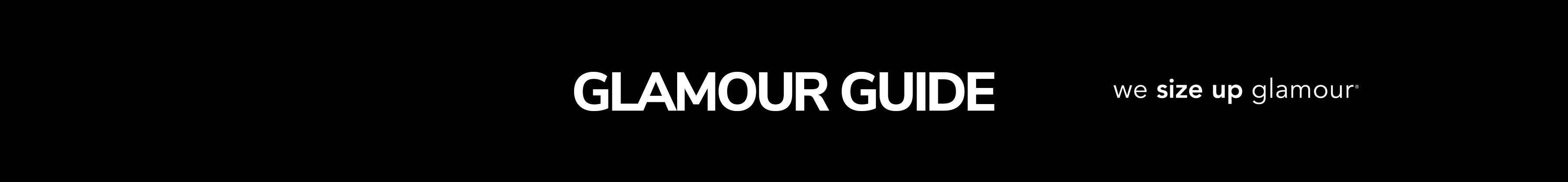 Banner text "Glamour Guide" with tagline, "we size up glamour" on black background.