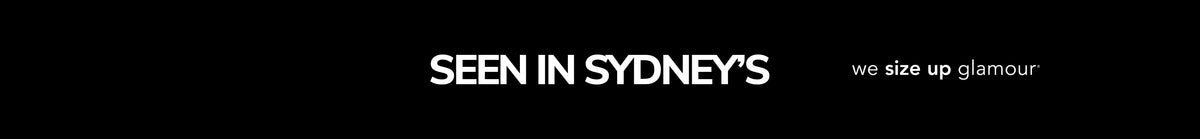 Banner text reading "Seen in Sydney's" with Sydney's Closet tagline, "we size up glamour" on black background.