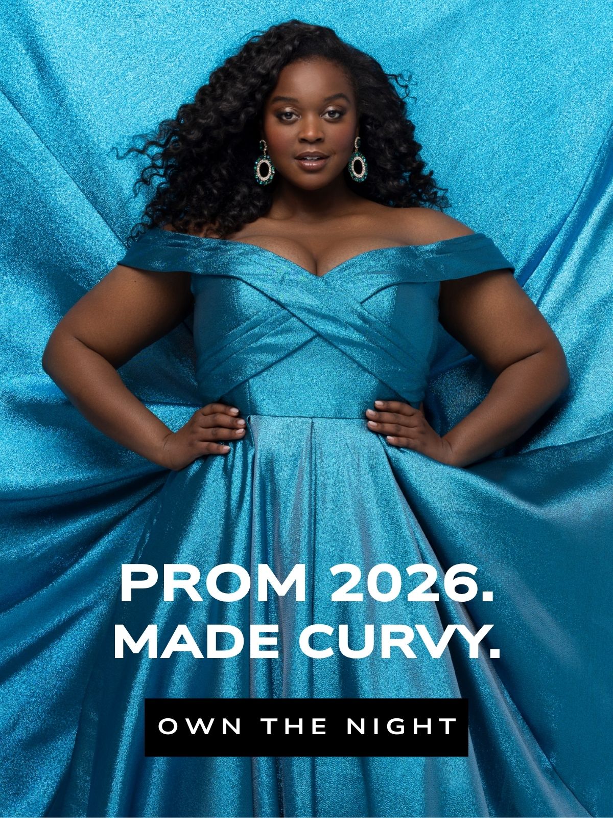 Woman in a blue off-shoulder dress against a blue background with text promoting Prom 2026.

Sydney's Closet plus size prom dresses made for curvy teens in sizes 14-40. 