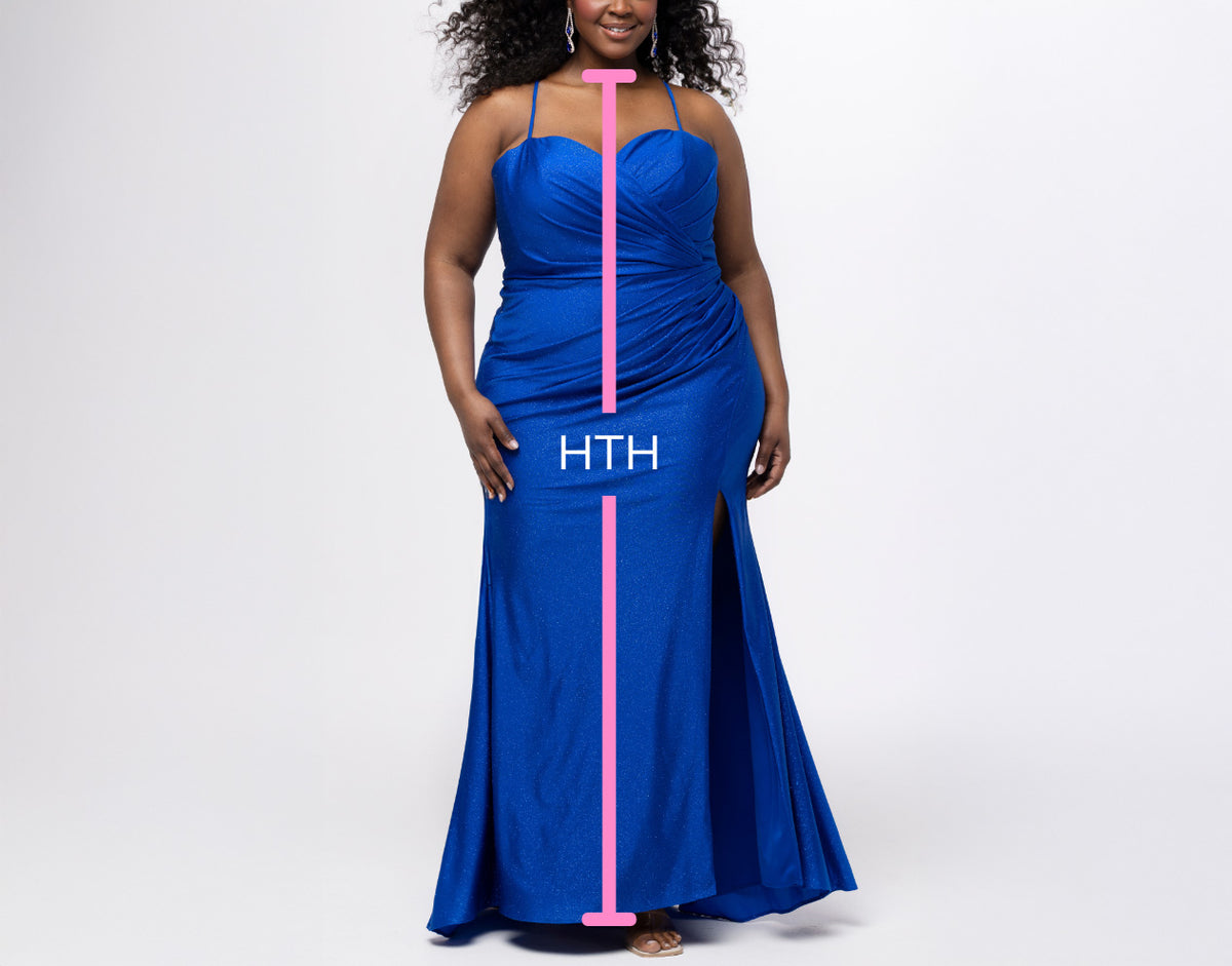 Woman wearing a blue dress with a measurement label from nape of neck to the floor (the Hallow-to-Hem) against a white background.