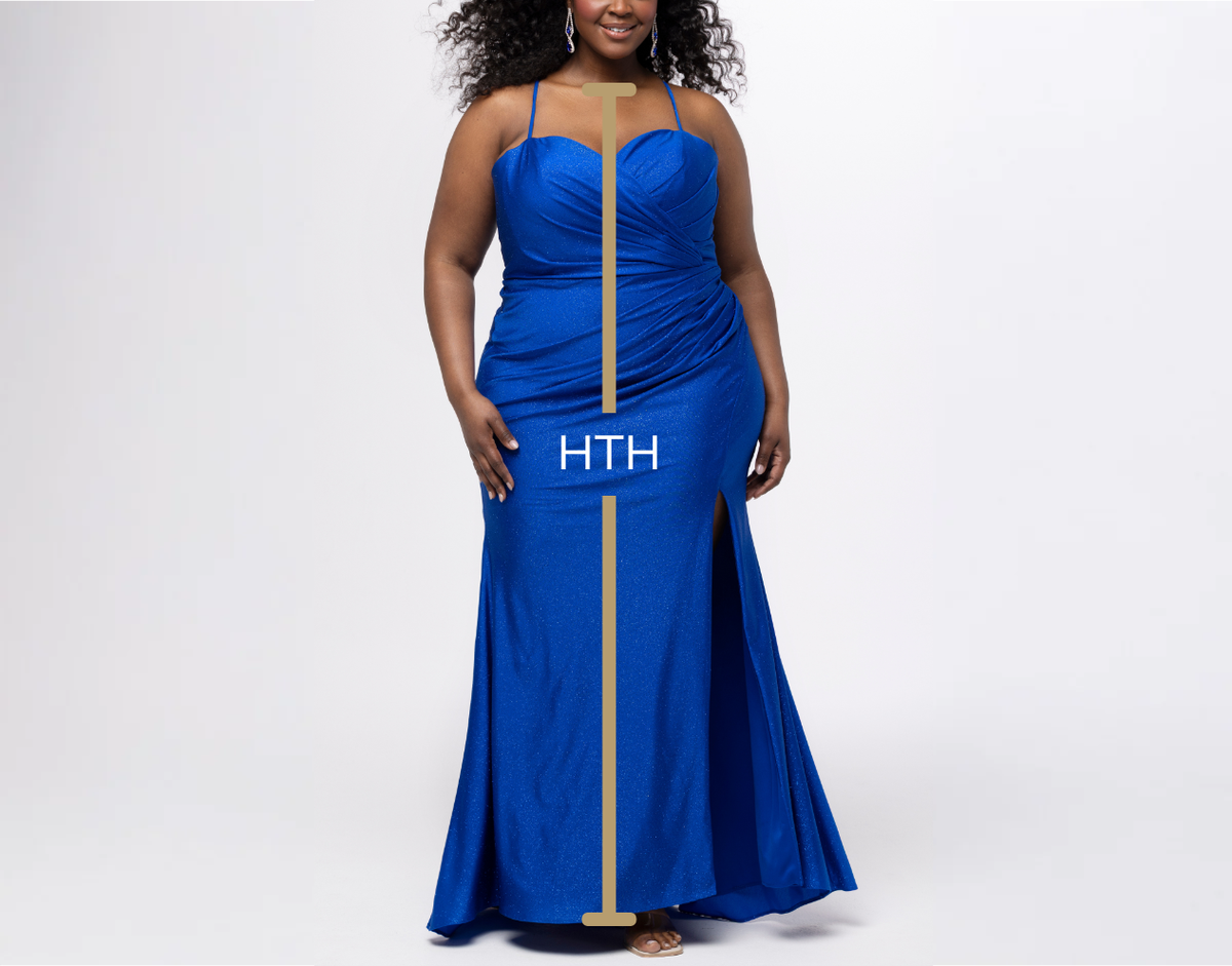 Woman wearing a blue dress with a measurement label from nape of neck to the hem of the dress (the Hallow-to-Hem) against a white background.
