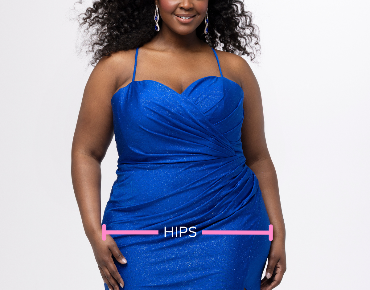 Woman wearing a blue dress with a measurement label on hip area against a white background.