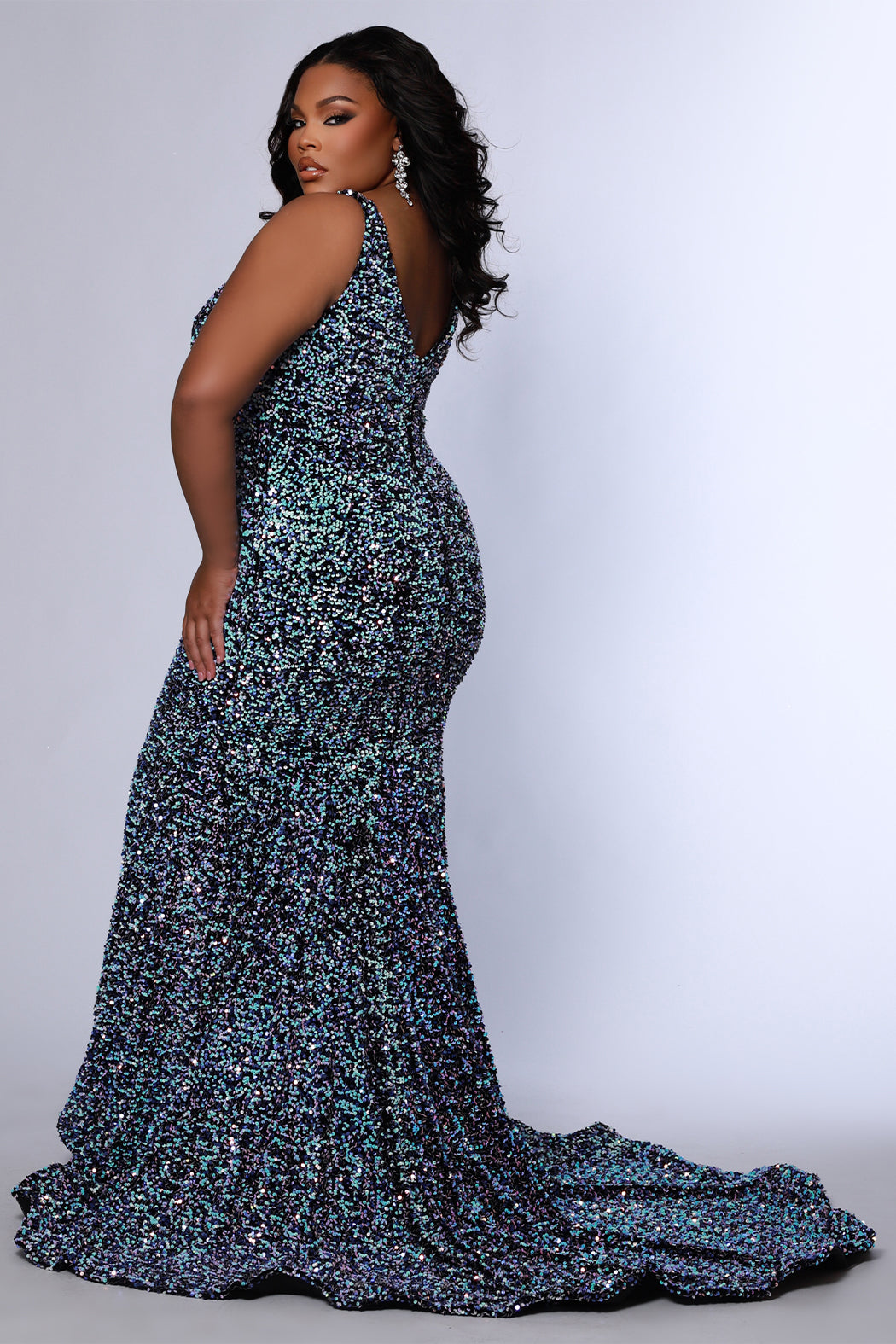 Johnathan Kayne for Sydney's Closet JK2308 Peacock. Sequin paillettes on stretch velvet, Mermaid silhouette, Deep V-neckline, Bra-friendly straps, Natural waistline, V-back, Long invisible center back zipper, Mermaid fitted skirt,  Train with center back godet, Horsehair hem