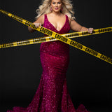 Johnathan Kayne for Sydney's Closet JK2308 Magenta Pink. Sequin paillettes on stretch velvet, Mermaid silhouette, Deep V-neckline, Bra-friendly straps, Natural waistline, V-back, Long invisible center back zipper, Mermaid fitted skirt, Train with center back godet, Horsehair hem