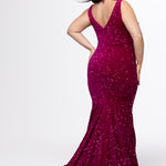 Johnathan Kayne for Sydney's Closet JK2308 Magenta Pink. Sequin paillettes on stretch velvet, Mermaid silhouette, Deep V-neckline, Bra-friendly straps, Natural waistline, V-back, Long invisible center back zipper, Mermaid fitted skirt, Train with center back godet, Horsehair hem