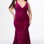 Johnathan Kayne for Sydney's Closet JK2308 Magenta Pink. Sequin paillettes on stretch velvet, Mermaid silhouette, Deep V-neckline, Bra-friendly straps, Natural waistline, V-back, Long invisible center back zipper, Mermaid fitted skirt, Train with center back godet, Horsehair hem