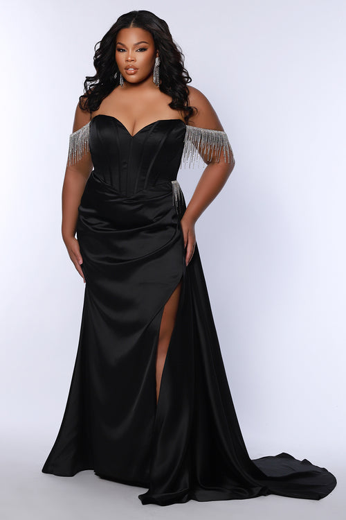 Johnathan Kayne for Sydney's Closet JK2408 Onyx Black. Slim/Fitted silhouette, Stretch satin, Satin lining, Rhinestone beaded trim, detachable straps, Sweetheart bodice, Exposed boning, Modified Basque waist, Invisible zipper, Side slit with rhinestone trim, Drape panel with 12 inch train, Sweep train = 8 inches