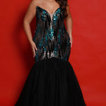 Johnathan Kayne for Sydney's Closet JK2411 Onyx. Mermaid silhouette, Sequin & paillette on stretch velvet, Tulle, Sweetheart neckline with nude mesh insert, Strapless, Optional spaghetti straps included, Full lace-up back with modesty panel.