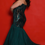 Johnathan Kayne for Sydney's Closet JK2411 Emerald. Mermaid silhouette, Sequin & paillette on stretch velvet, Tulle, Sweetheart neckline with nude mesh insert, Strapless, Optional spaghetti straps included, Full lace-up back with modesty panel.