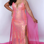 Johnathan Kayne for Sydney's Closet JK2413 Sherbert. Princess line silhouette, Slim fit, Piano sequins, V-back, Center back zipper, Deep V-neckline, Nude mesh insert, Spaghetti straps covered in piano sequins, Detachable chiffon cape = 105 inches from shoulder to hem, Piano sequins, High slit, Sweep train with godet.
