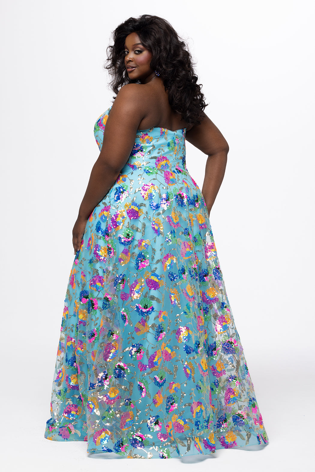 Plus Size Formal Pageant Dress JK2508 in aqua blue, onyx black or bubblegum pink. A-line sequin formal dress with pockets by Johnathan Kayne for Sydney's Closet