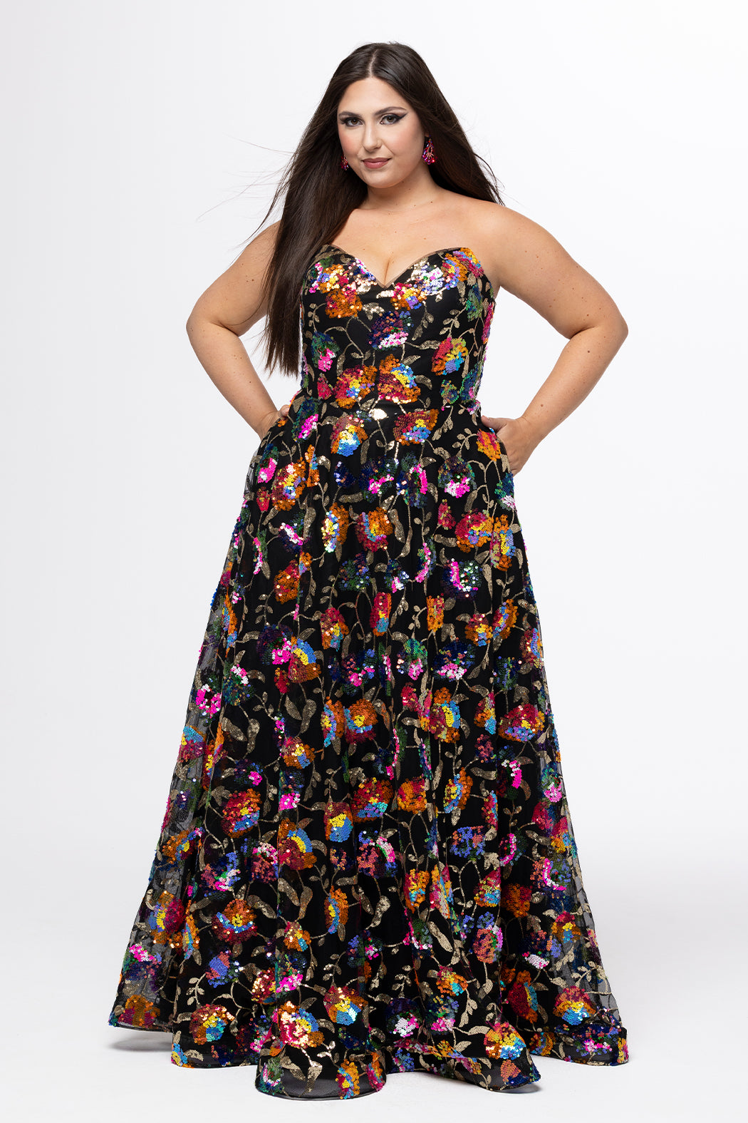 Plus Size Formal Pageant Dress JK2508 in aqua blue, onyx black or bubblegum pink. A-line sequin formal dress with pockets by Johnathan Kayne for Sydney's Closet