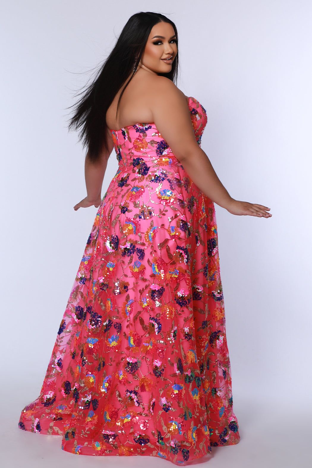Plus Size Formal Pageant Dress JK2508 in onyx black or bubblegum pink. A-line sequin formal dress with pockets by Johnathan Kayne for Sydney's Closet