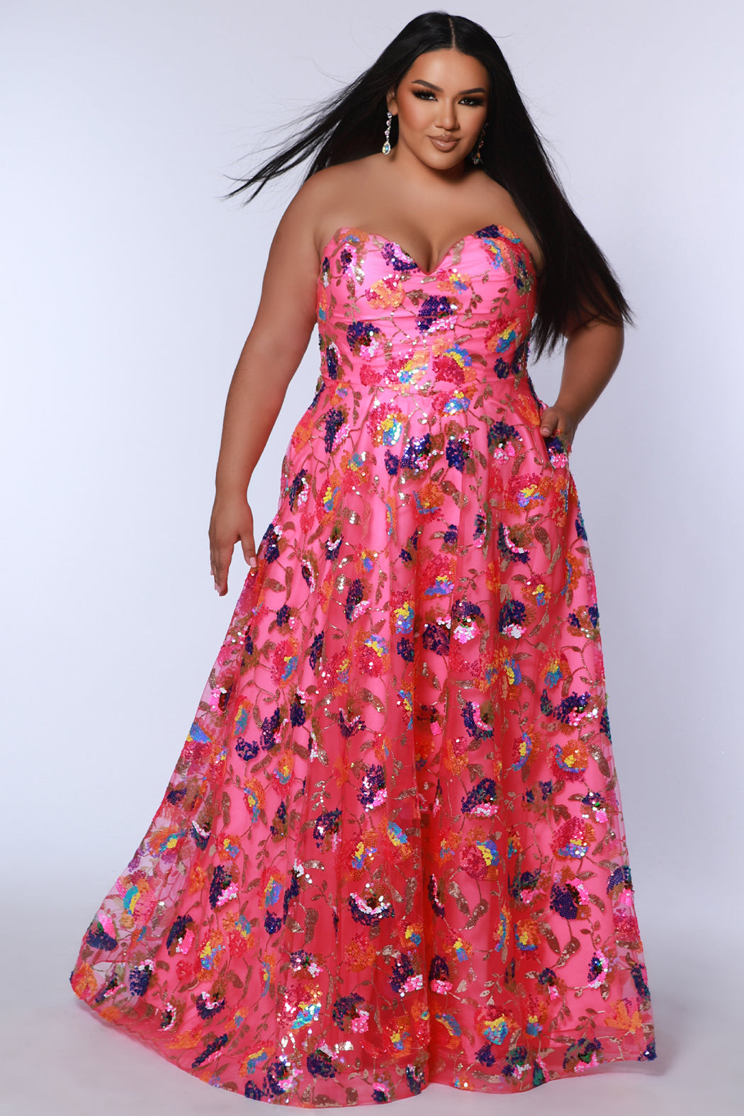 Plus Size Formal Pageant Dress JK2508 in onyx black or bubblegum pink. A-line sequin formal dress with pockets by Johnathan Kayne for Sydney's Closet