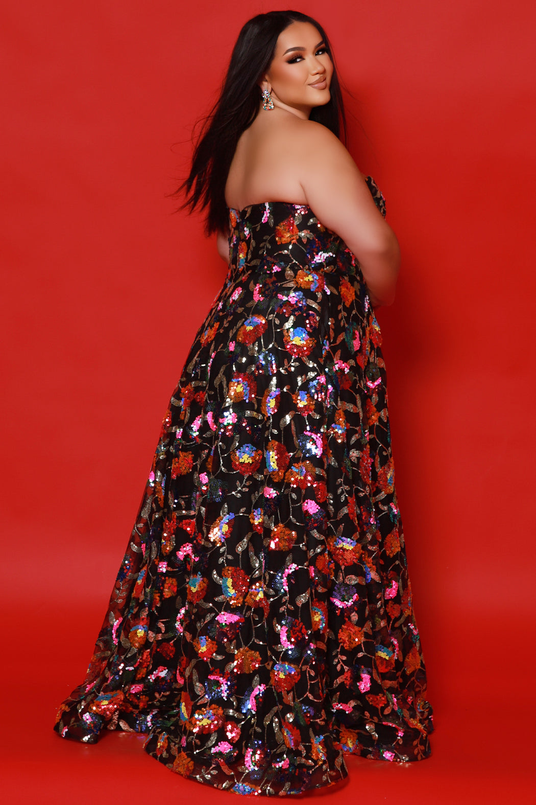 Plus Size Formal Pageant Dress JK2508 in onyx black or bubblegum pink. A-line sequin formal dress with pockets by Johnathan Kayne for Sydney's Closet