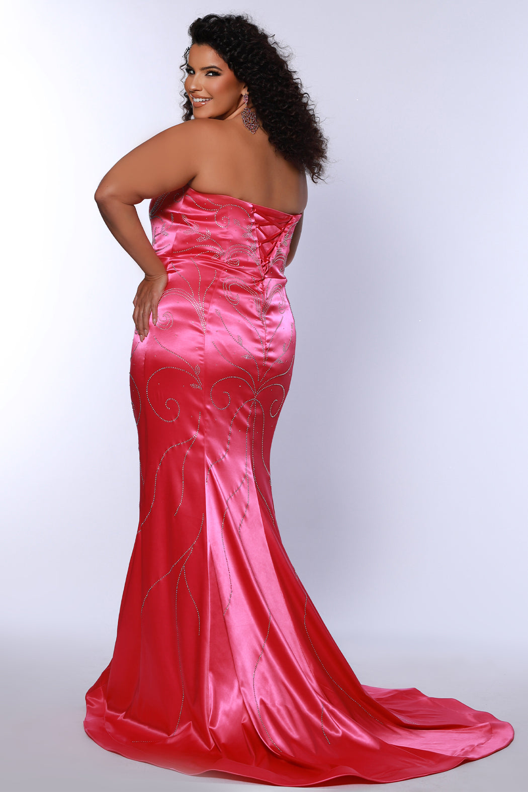 Stretch satin lycra plus size strapless  fitted mermaid gown with slit, lace-up back. Available in fuchsia pink or aqua blue. JK2509 from Johanthan Kayne for Sydney's Closet