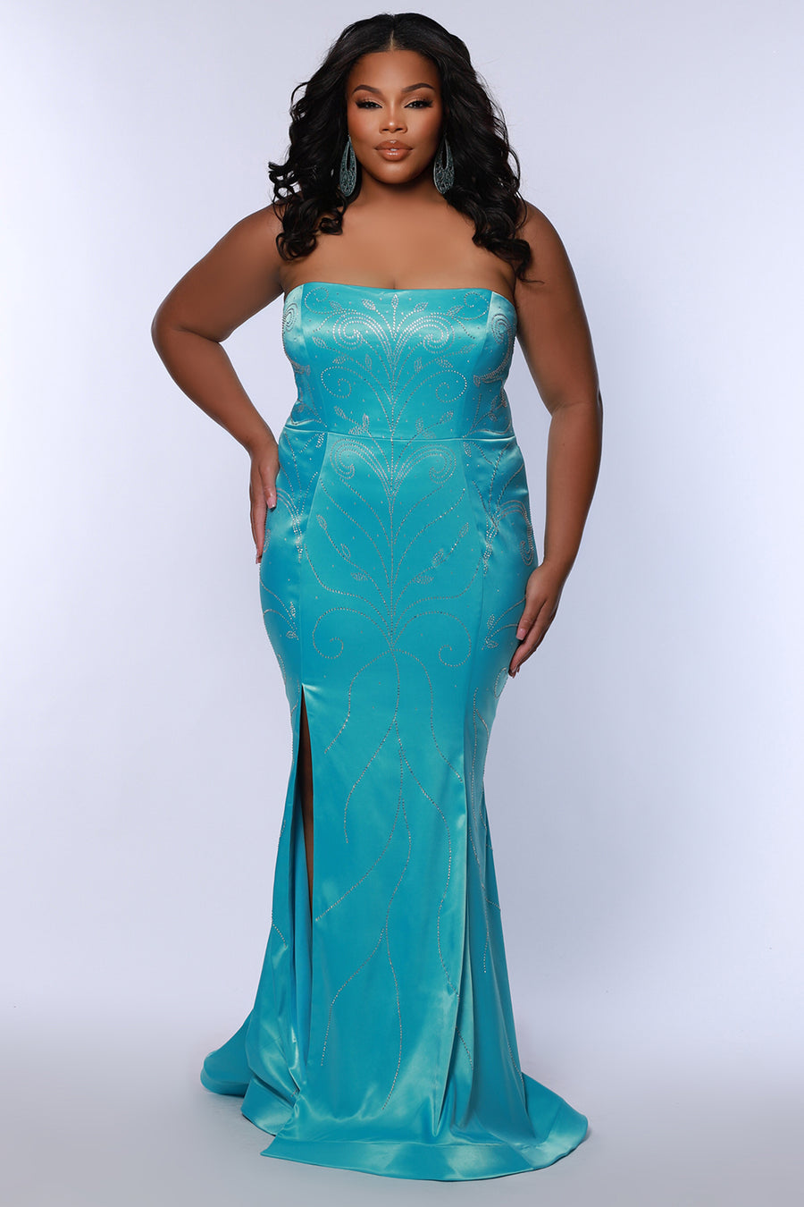 Stretch satin lycra plus size strapless  fitted mermaid gown with slit, lace-up back. Available in fuchsia pink or aqua blue. JK2509 from Johanthan Kayne for Sydney's Closet