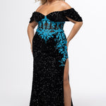 Plus size fitted black sequin velvet mermaid gown with lave appliques in either pink or white.  Detachable drape sleeves, optional bodice lining and high slit. JK2511 is available in aqua and black, pink and black or white and black Johanthan Kayne for Sydney's Closet. 